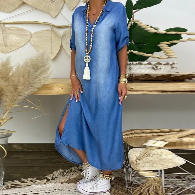 Talia® | Langes Kleid im Jeans-Look mit Seitenschlitz