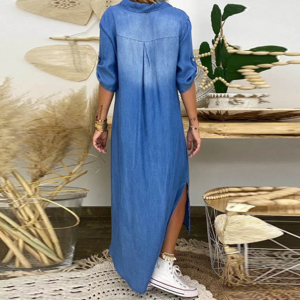 Talia® | Langes Kleid im Jeans-Look mit Seitenschlitz