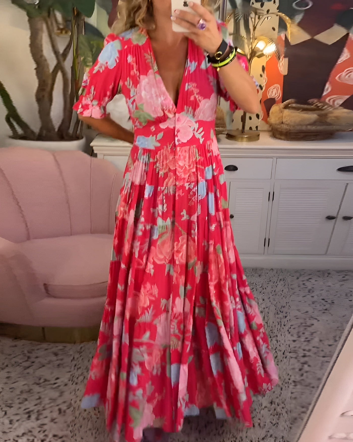 Eveline - Elegantes Kleid mit Blumendruck und V-Ausschnitt