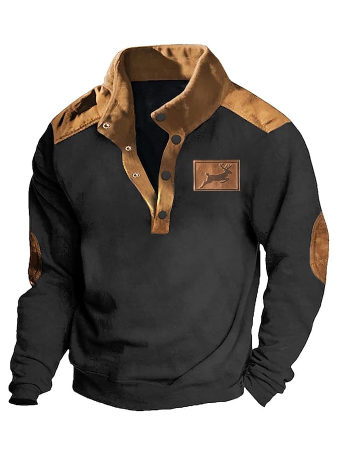 David® | Herren Sweatshirt im Western-Stil mit Elchdruck aus Hirschleder und Samt-Patchwork mit Stehkragen