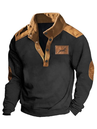 David® | Herren Sweatshirt im Western-Stil mit Elchdruck aus Hirschleder und Samt-Patchwork mit Stehkragen