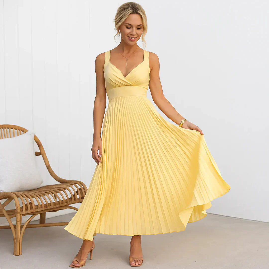 Rozemarijn™ | Gelbes Plissee-Maxikleid mit V-Ausschnitt