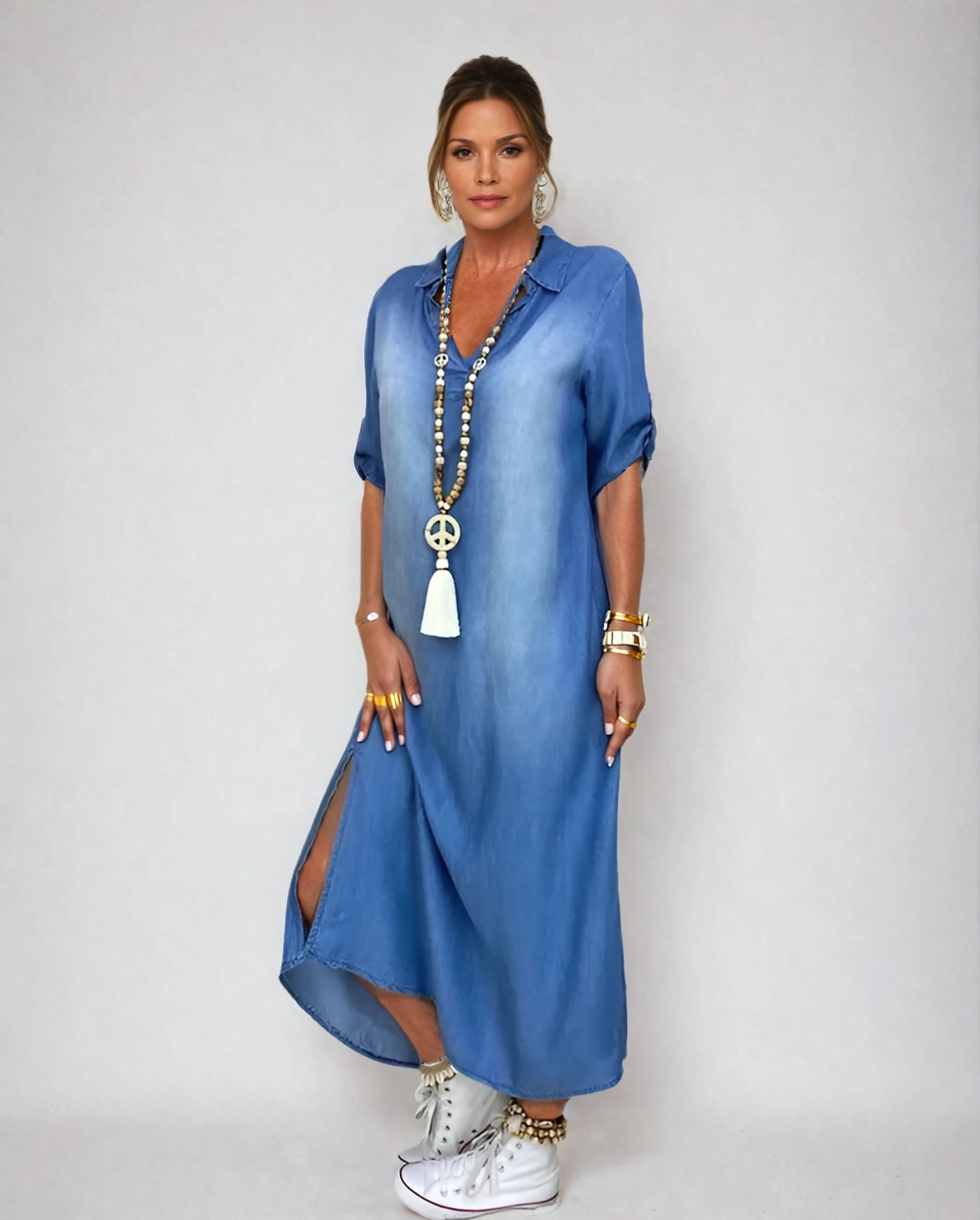 Talia® | Langes Kleid im Jeans-Look mit Seitenschlitz