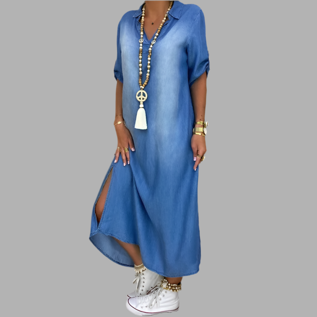 Talia® | Langes Kleid im Jeans-Look mit Seitenschlitz