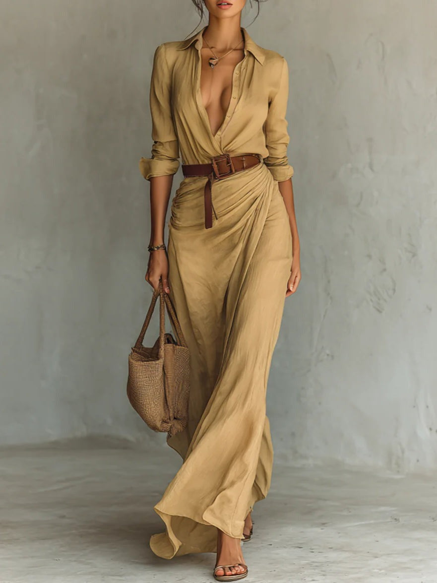 Hannah® | Langes, tailliertes Kleid mit langen Ärmeln und Revers