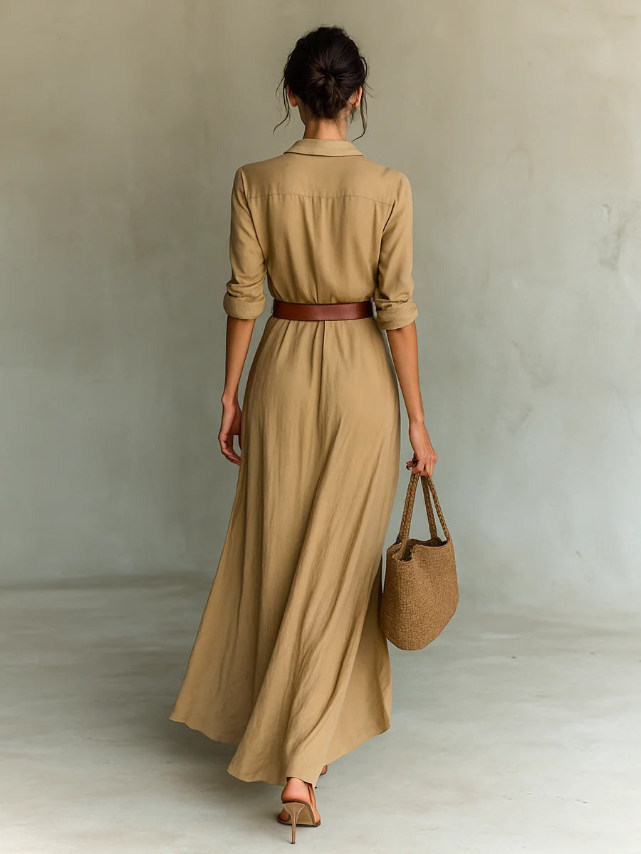 Hannah® | Langes, tailliertes Kleid mit langen Ärmeln und Revers