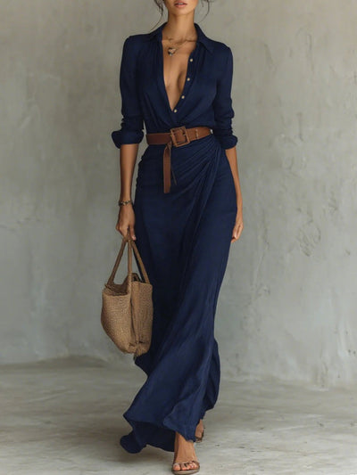 Hannah® | Langes, tailliertes Kleid mit langen Ärmeln und Revers