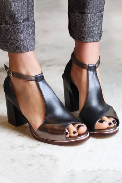 Carina® | Schwarze Peep-Toe Patchwork Sandalen mit Absatz