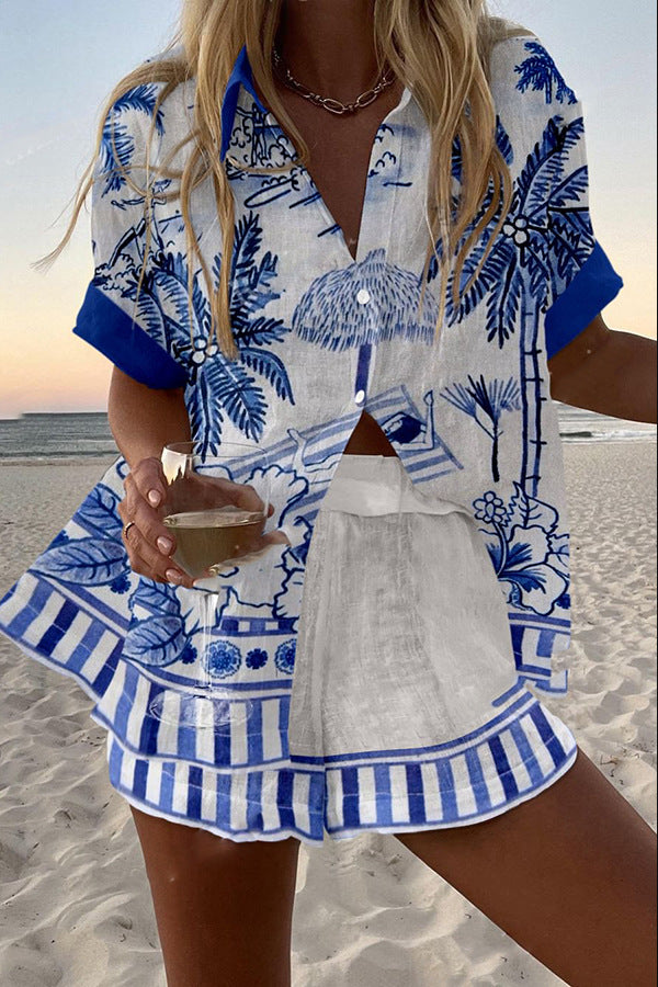 Theresia® | Kurzes Leinen-Set mit Palmenprint