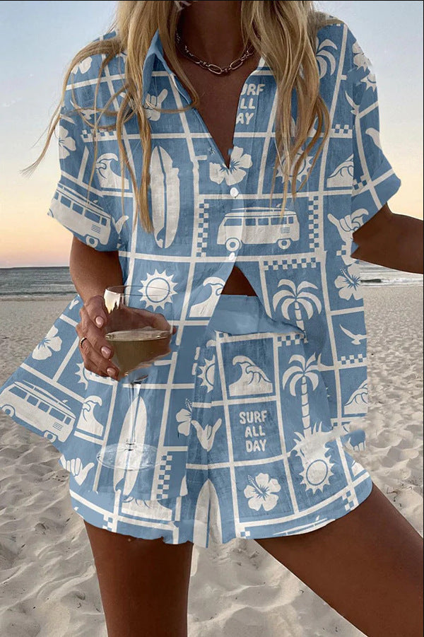 Waltraud® | Kurzes Leinen-Outfit mit Caravan-Druck