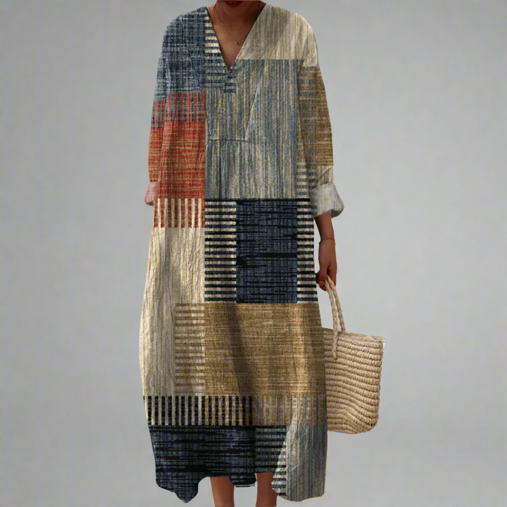 Franziska® | Erdtöne Patchwork Lässiges Maxikleid