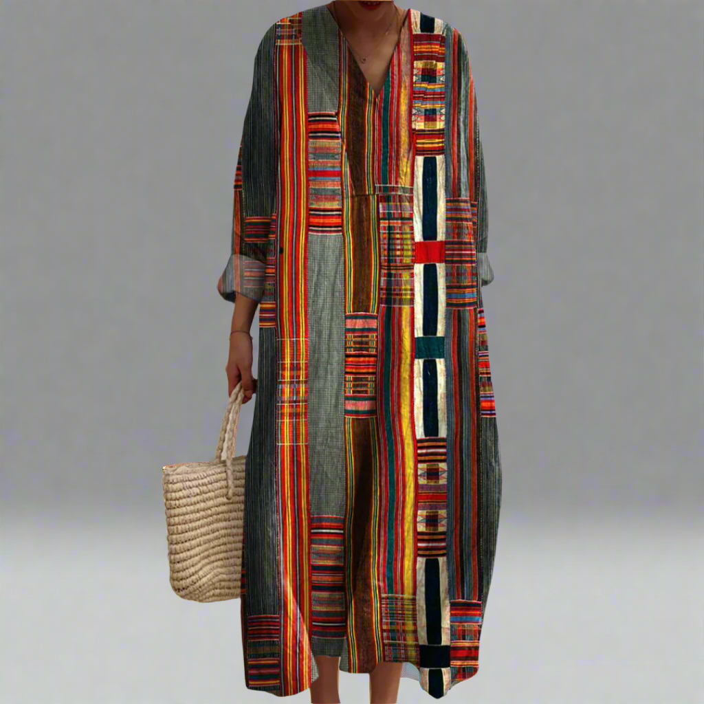 Emma® | Geometrisches Streifen Boho Maxikleid