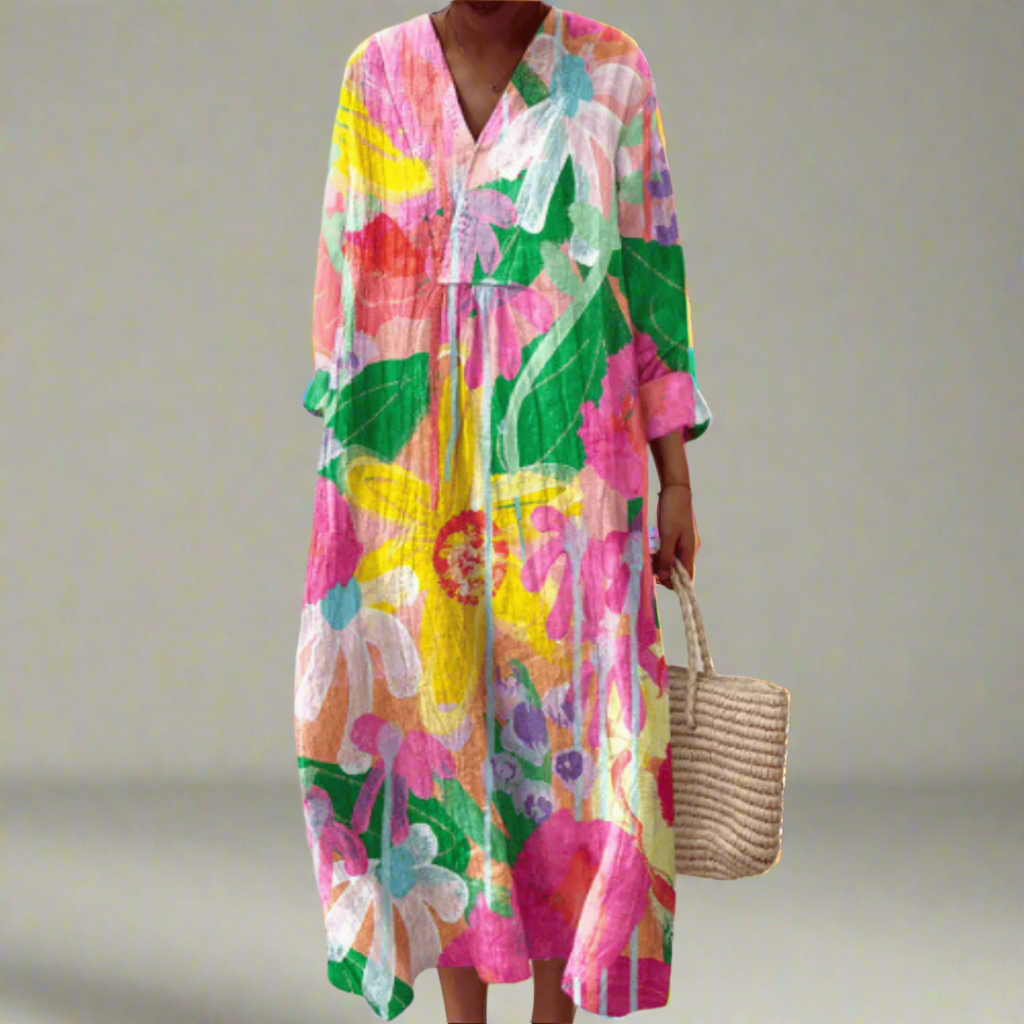 Clara® | Wasserfarben Blumen Leichtes Maxikleid
