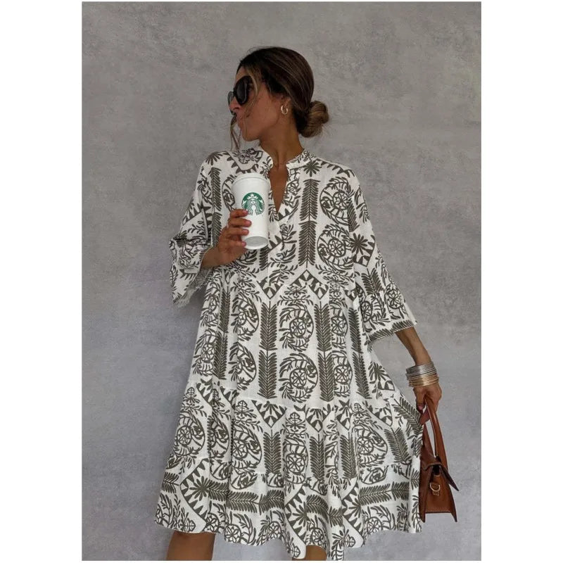 Ida-Marie® | Bedrucktes V-Ausschnitt A-Linie Rock Kleid