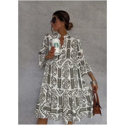 Ida-Marie® | Bedrucktes V-Ausschnitt A-Linie Rock Kleid