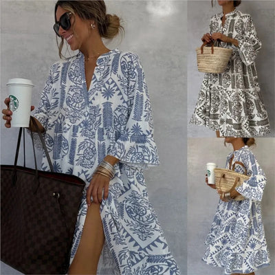 Ida-Marie® | Bedrucktes V-Ausschnitt A-Linie Rock Kleid