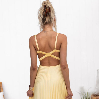 Rozemarijn™ | Gelbes Plissee-Maxikleid mit V-Ausschnitt