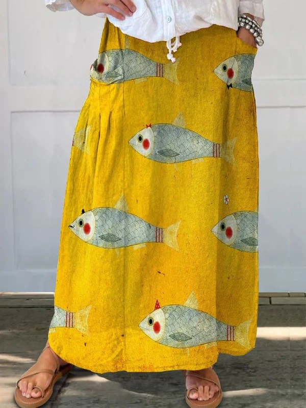 Romy® | Damen Vintage Fisch Kunst Druck Leinen Taschenrock