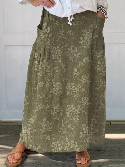 Ines® | Damen Vintage Blumen Leinen Rock mit elastischem Bund und Taschen