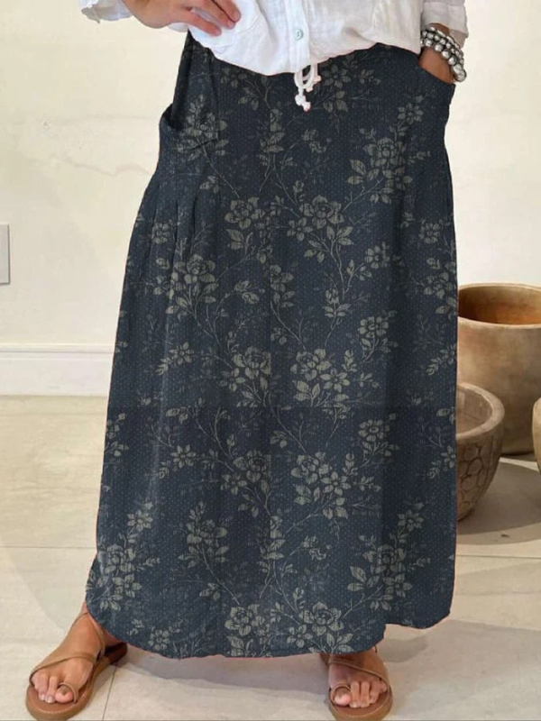 Ines® | Damen Vintage Blumen Leinen Rock mit elastischem Bund und Taschen
