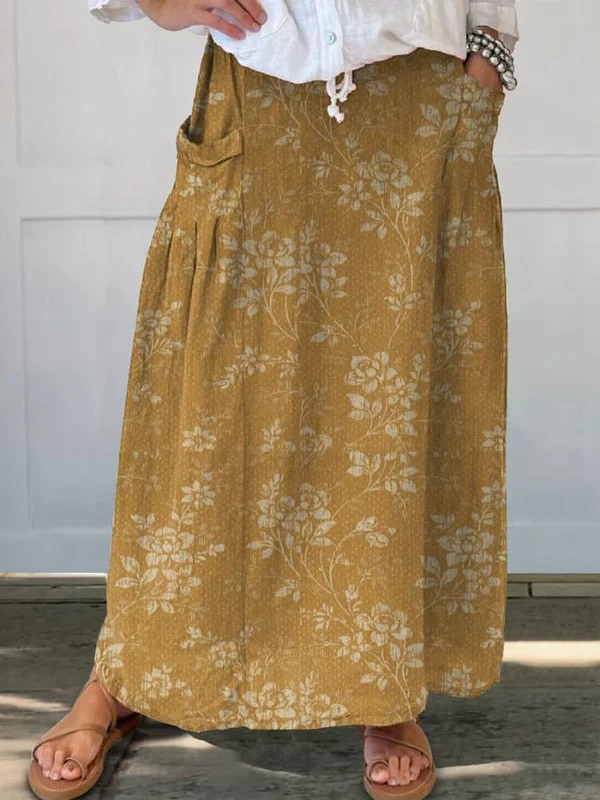 Ines® | Damen Vintage Blumen Leinen Rock mit elastischem Bund und Taschen