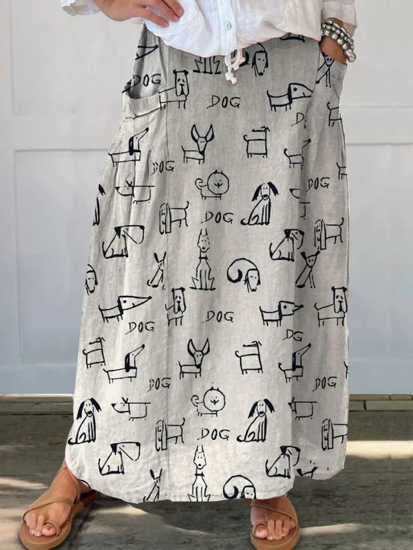 Tilda® | Damen Süßes Hundekunst-Druck Leinen Taschenrock