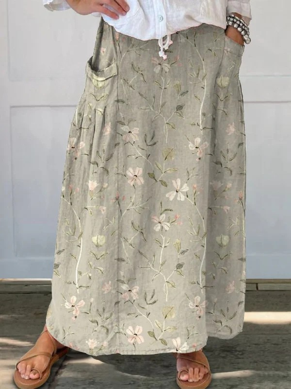 Alisa® | Damen Vintage Floral Art Leinen Rock mit elastischem Bund und Taschen