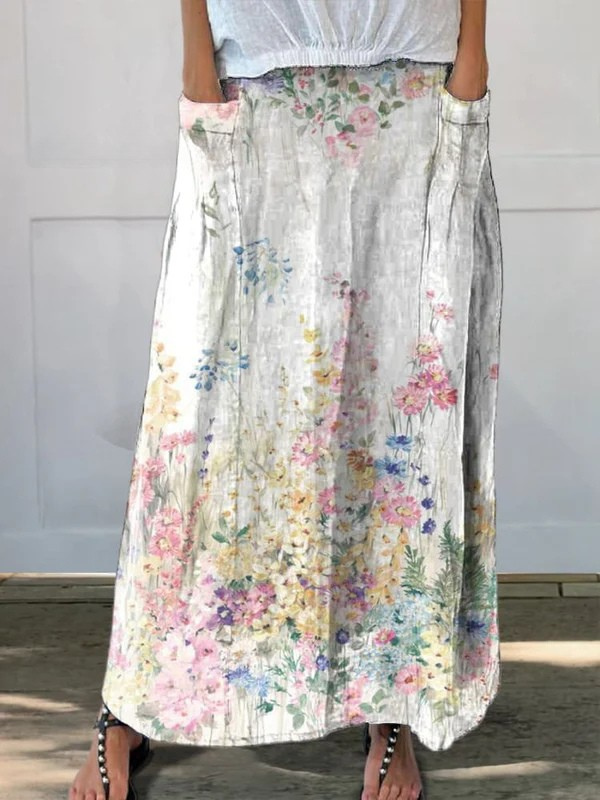 Finja® | Damen Vintage Botanische Florale Leinenrock mit Elastischem Bund und Taschen