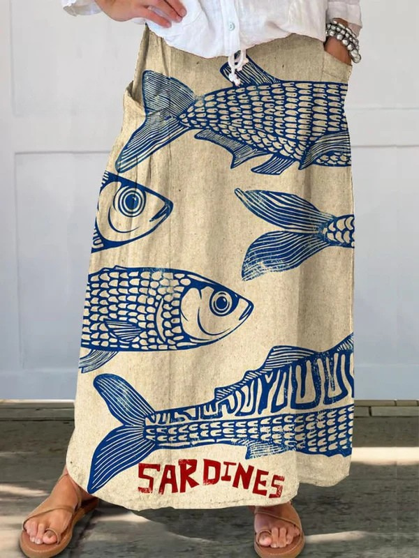 Rita® | Damen Vintage Fisch Sardinen Kunstdruck Leinen Tasche Rock