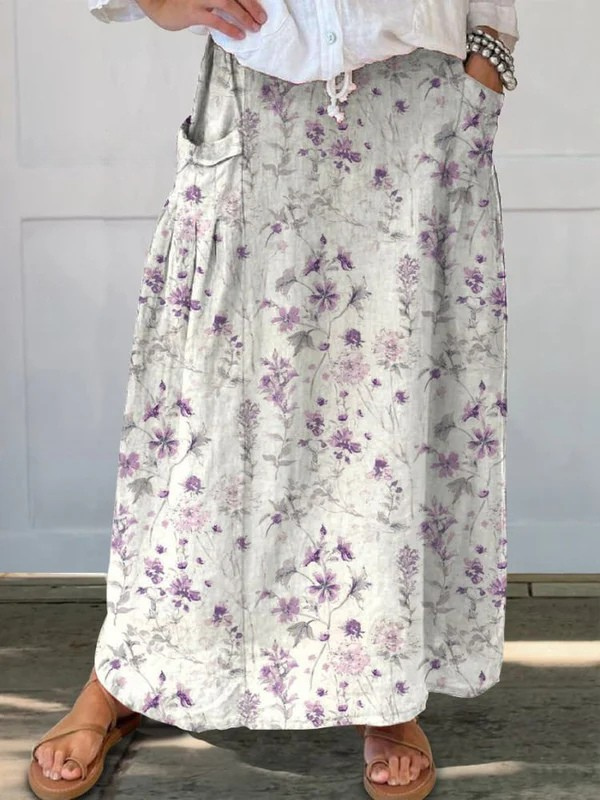 Viola® | Damen Vintage Blumen Kunst Leinen Elastischer Bund Rock mit Taschen