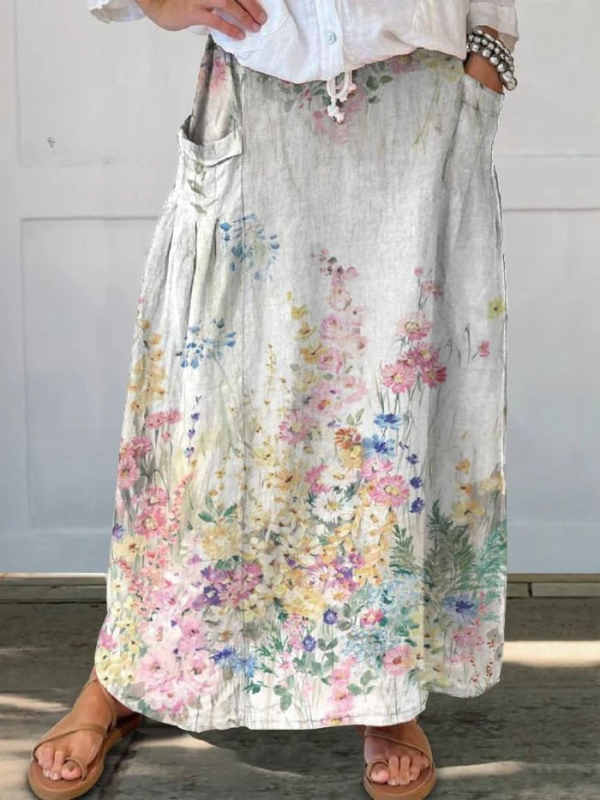 Loretta® | Damen Retro Elegante Blumen Kunst Leinen Elastischer Bund Rock mit Taschen