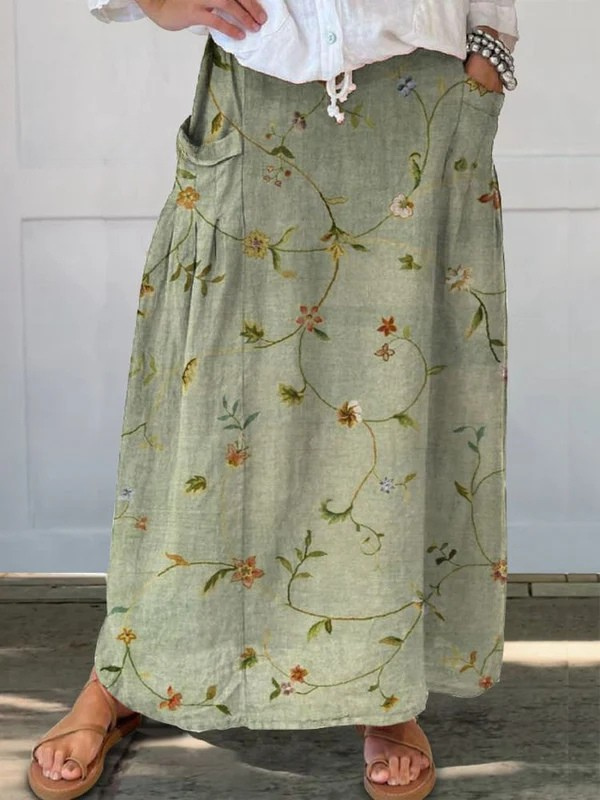 Fenia® | Damen Retro Floral Art Leinen Rock mit elastischem Bund und Taschen