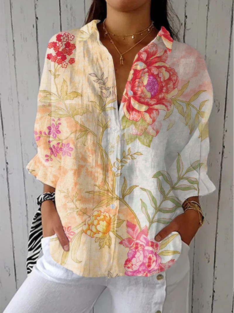 Enea® | Damen Vintage Blumen Kunstdruck Lässiges Leinen V-Ausschnitt Shirt