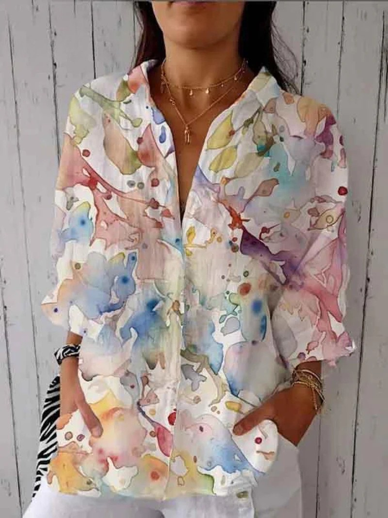 Tira® | Damen Buntes Aquarell Kunst Druck Lässiges Leinen V-Ausschnitt Shirt