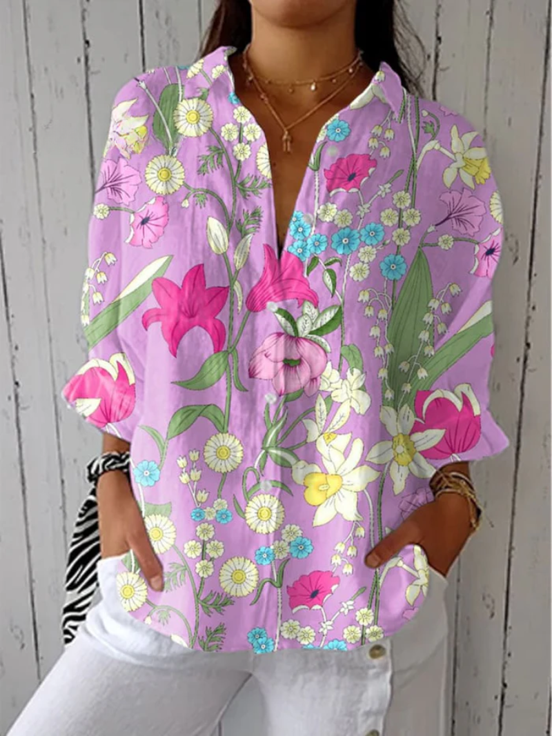 Zina® | Damen Vintage Blumen Kunstdruck Lässiges Leinen V-Ausschnitt Shirt