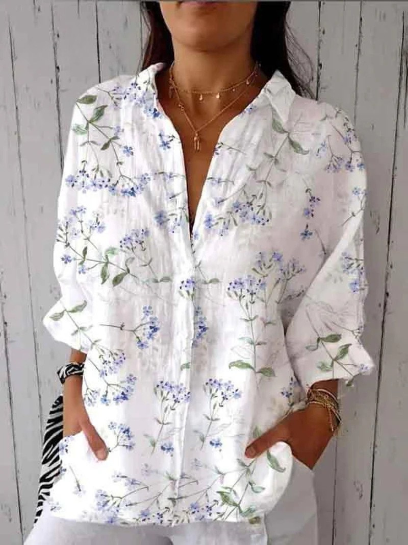 Solveig® | Damen Lila Blumenmuster Lässiges Leinen V-Ausschnitt Shirt