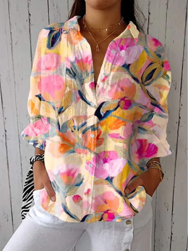 Annelina® | Damen Vintage Floral Art Print Casual Leinen V-Ausschnitt-Shirt