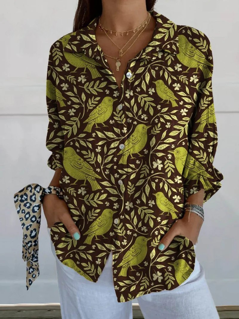 Viola® | Damen Vintage Floral Vögel Kunstdruck Lässiges Leinen V-Ausschnitt Shirt
