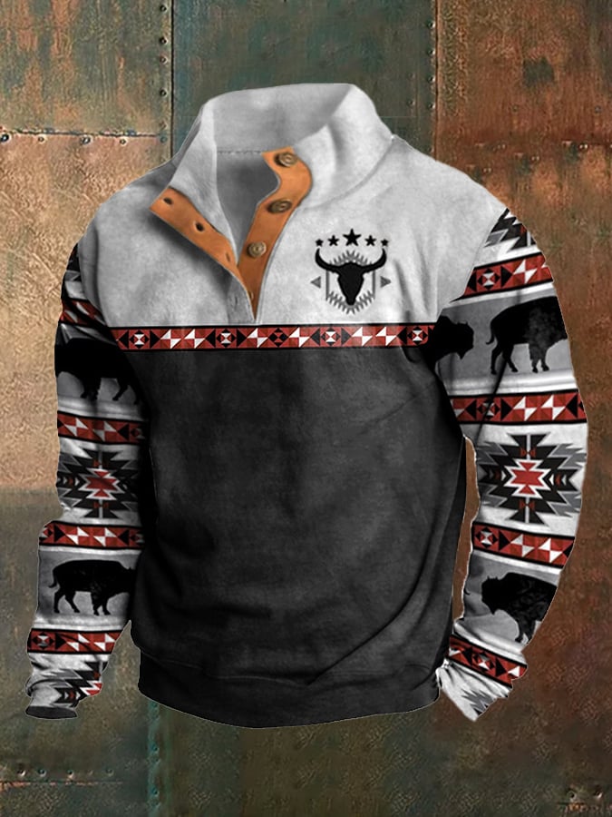 Leo® | Herren Sweatshirt im Western-Stil mit Druck und Stehkragen