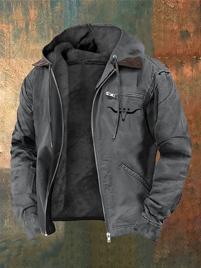 Carlo® | Herren Vintage Plüsch Western Bullenkopf Druck Reißverschlussjacke