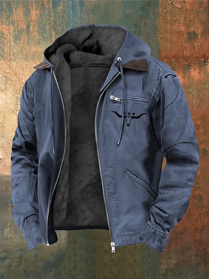 Carlo® | Herren Vintage Plüsch Western Bullenkopf Druck Reißverschlussjacke