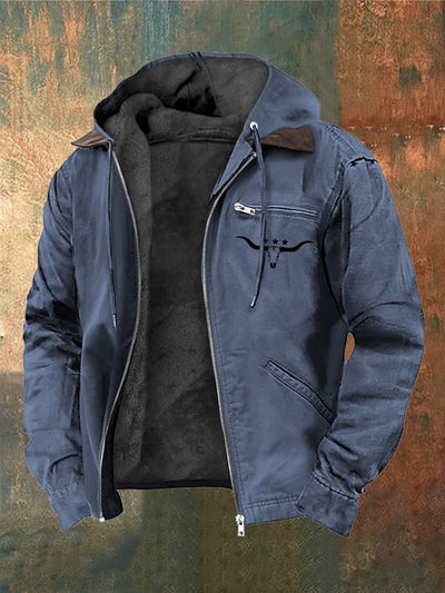 Carlo® | Herren Vintage Plüsch Western Bullenkopf Druck Reißverschlussjacke
