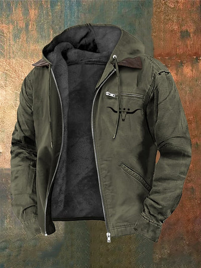 Carlo® | Herren Vintage Plüsch Western Bullenkopf Druck Reißverschlussjacke