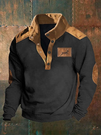 David® | Herren Sweatshirt im Western-Stil mit Elchdruck aus Hirschleder und Samt-Patchwork mit Stehkragen