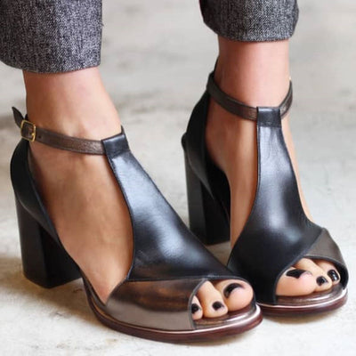 Carina® | Schwarze Peep-Toe Patchwork Sandalen mit Absatz