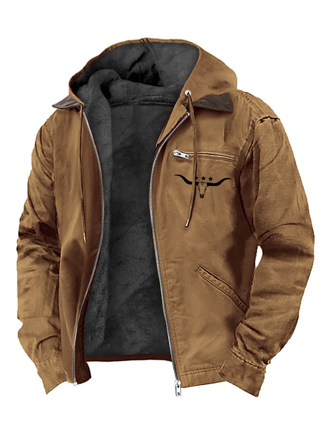 Carlo® | Herren Vintage Plüsch Western Bullenkopf Druck Reißverschlussjacke