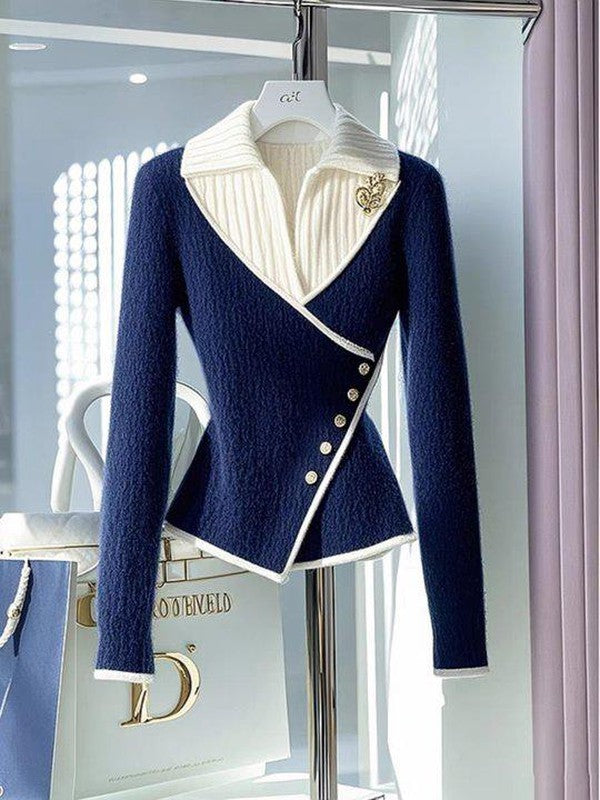 Benedetta® | Blauer V-Ausschnitt-Pullover mit Farbblock