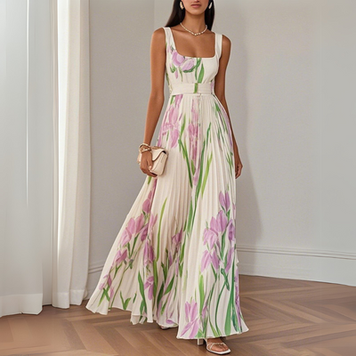 Lydia - Elegantes Plissiertes Maxikleid mit Blumenmuster
