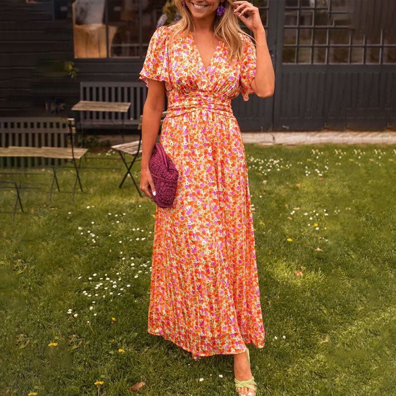 Sara – Blumenmaxikleid mit Rüschenärmel